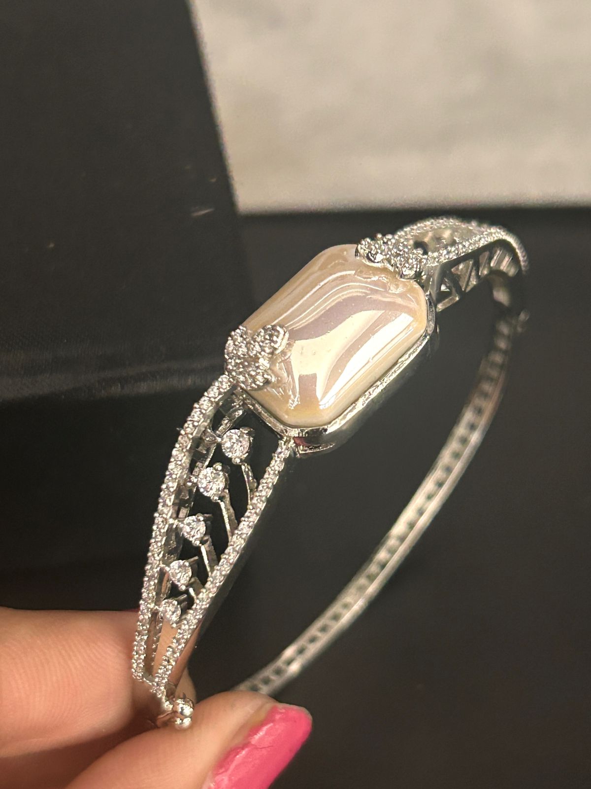 Elegant Pearl Stone & Diamond Openable Bracelet